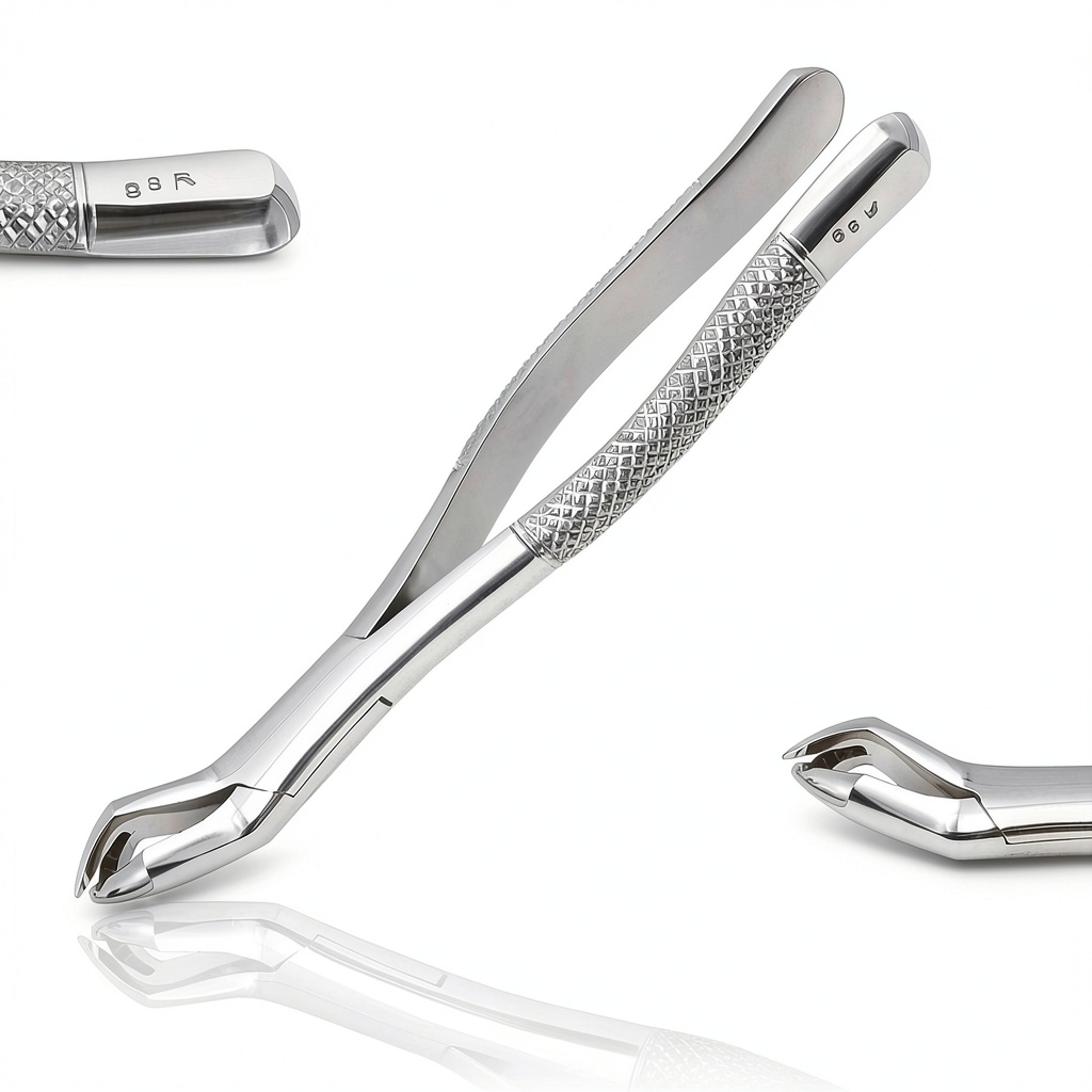 Close‑up of AAProTools 88R upper molar extraction forceps on a stainless steel tray